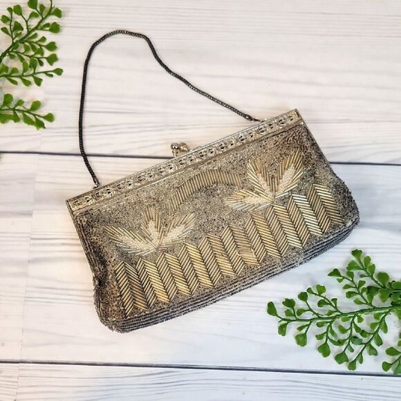 Vintage 60s Elegant Gold and Silver Hand Beaded Clutch Evening Bag - Picture 1 of 11